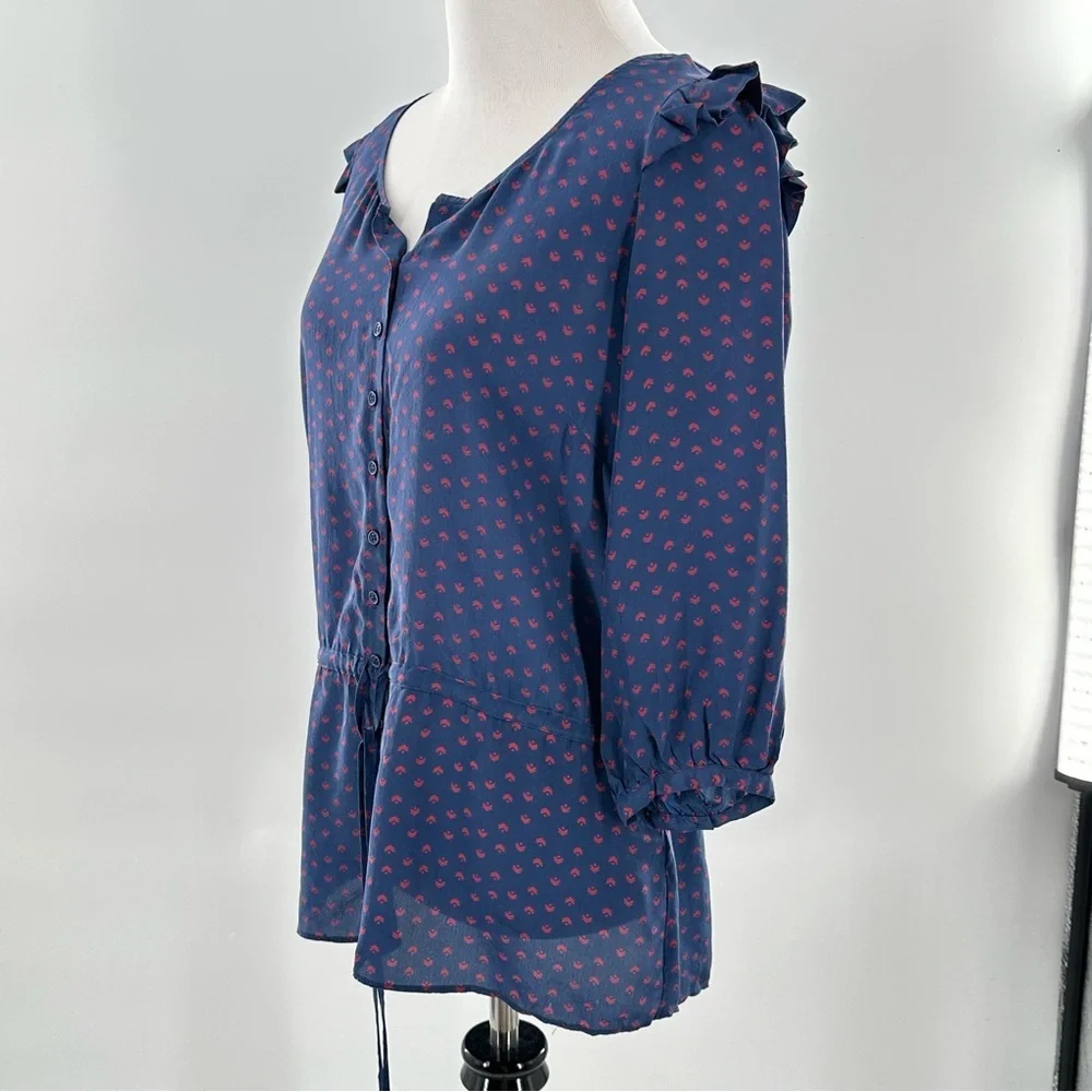 Petticoat Alley top S blue red 100% silk ruffle button down statement sleeves
